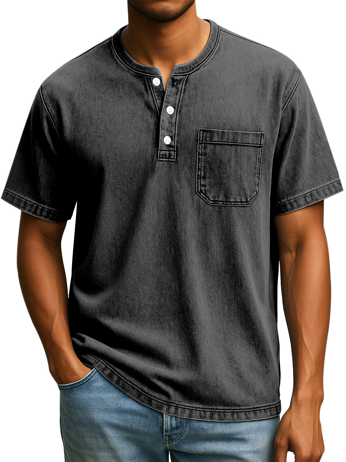 Men's Retro Casual Simple Solid Color Button Short Sleeve Henley Shirt
