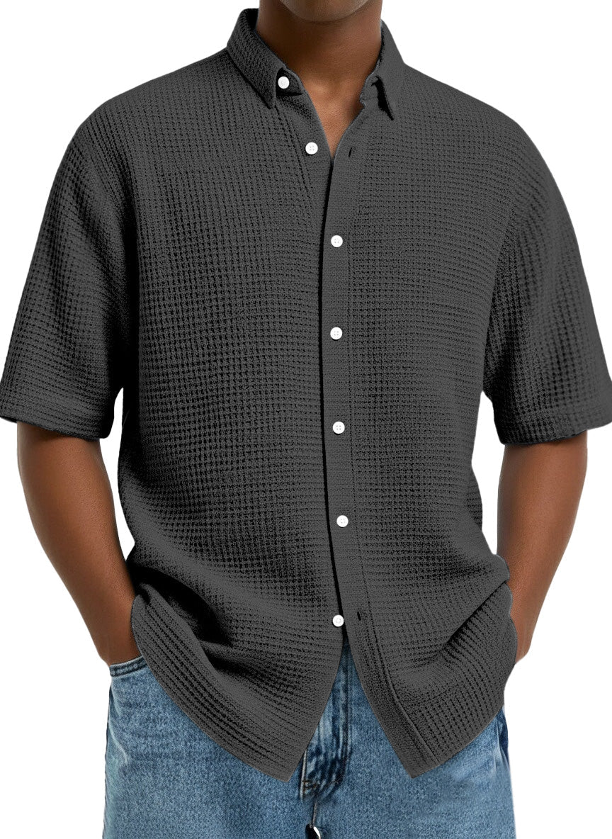 Men's Casual Simple Solid Color Waffle Short Sleeve Shirt