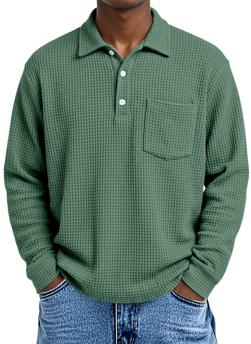 Men's Loose Simple Solid Color Waffle Long Sleeve Lapel Polo Shirt
