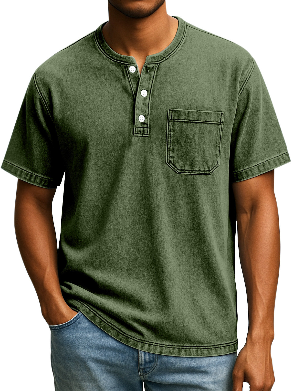 Men's Retro Casual Simple Solid Color Button Short Sleeve Henley Shirt