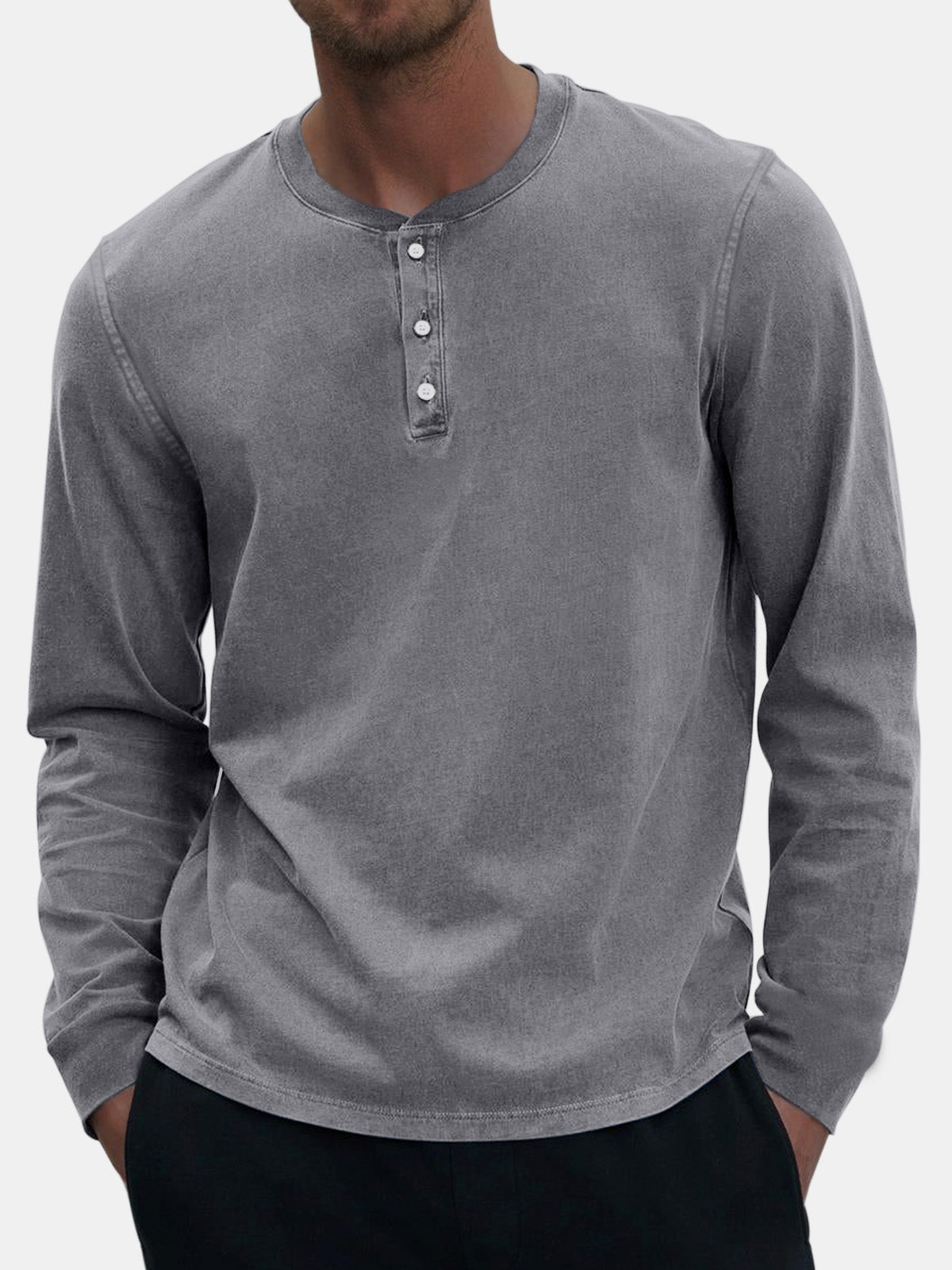 Men's Vintage Distressed Casual Button Down Long Sleeve Henley Shirt
