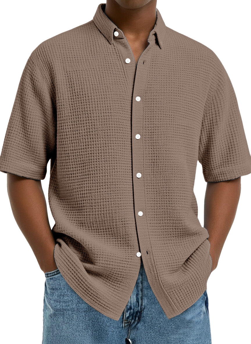 Men's Casual Simple Solid Color Waffle Short Sleeve Shirt