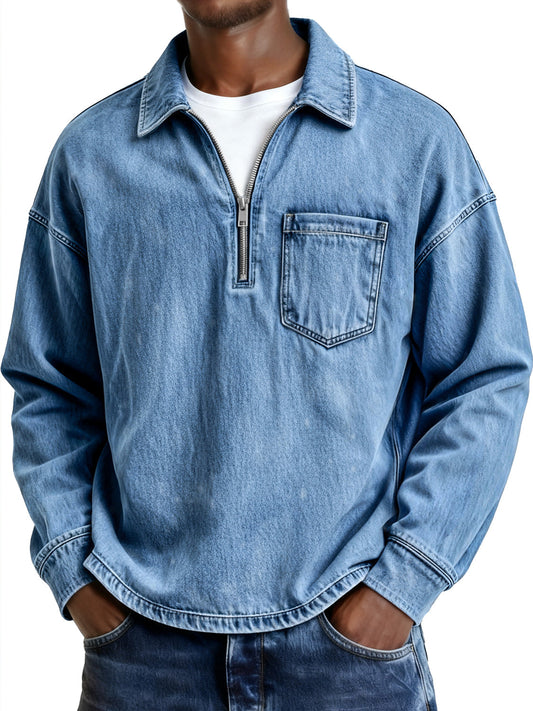 Men's Retro Lapel Zipper Casual Pocket Long-Sleeve Polo Shirt