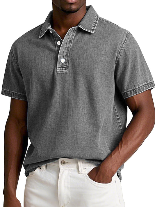 Men's Fashion Retro Washed Distressed Cotton Lapel Short Sleeve Polo Shirt