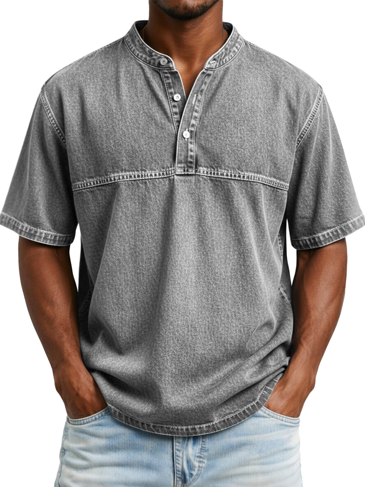Men's Vintage-style Short-sleeved Henley Shirt With Contrasting Stitching Design