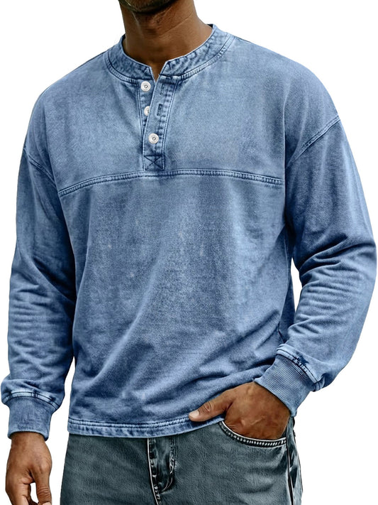Men's Retro-Style Stand Collar Button Casual Long Sleeve Henley Shirt