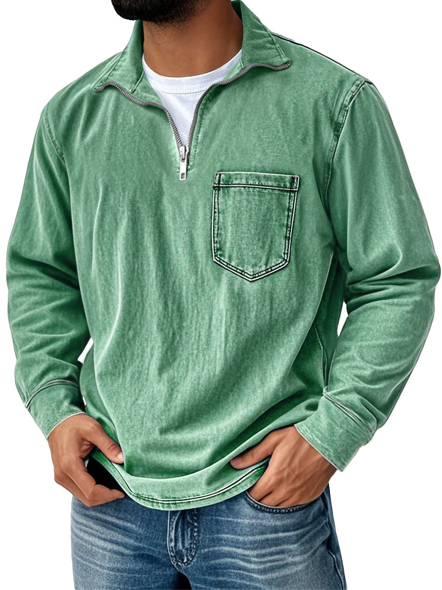 Men's Retro Casual Stand Up Collar Zipper Pocket Distressed Long Sleeved T-shirt