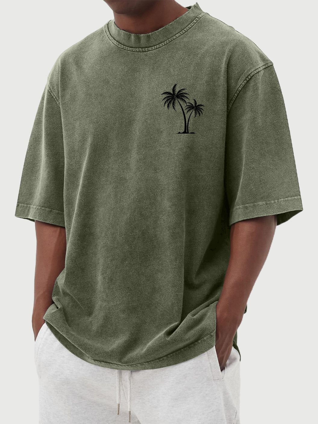 Men's Cotton Washed Distressed Palm Tree Print Short Sleeved Round Neck T-shirt
