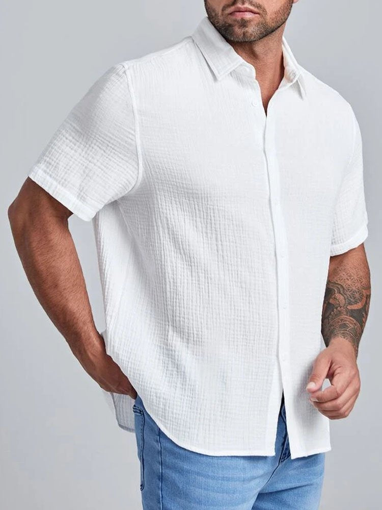 Men's Casual Solid Color Cotton Linen Casual Short Sleeve Shirt