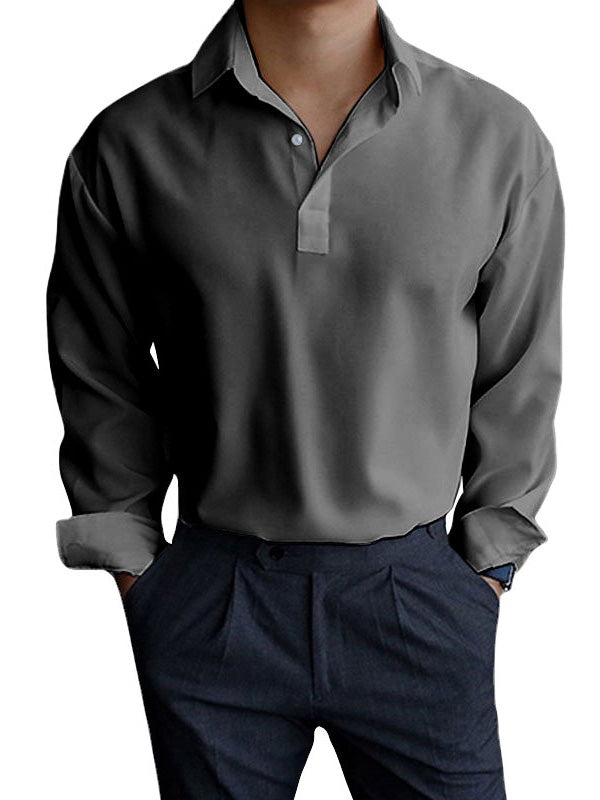 Men's Autumn Solid Color Pullover Lapel Long Sleeve Shirt