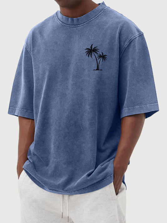 Men's Cotton Washed Distressed Palm Tree Print Short Sleeved Round Neck T-shirt
