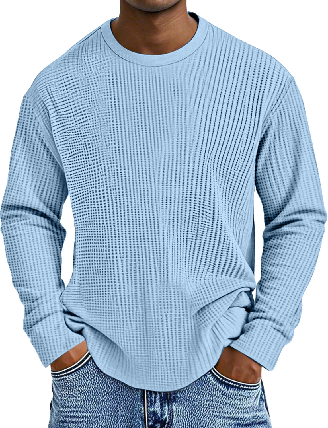 Men's Simple Daily Solid Color Waffle Round Neck Long Sleeve T-shirt