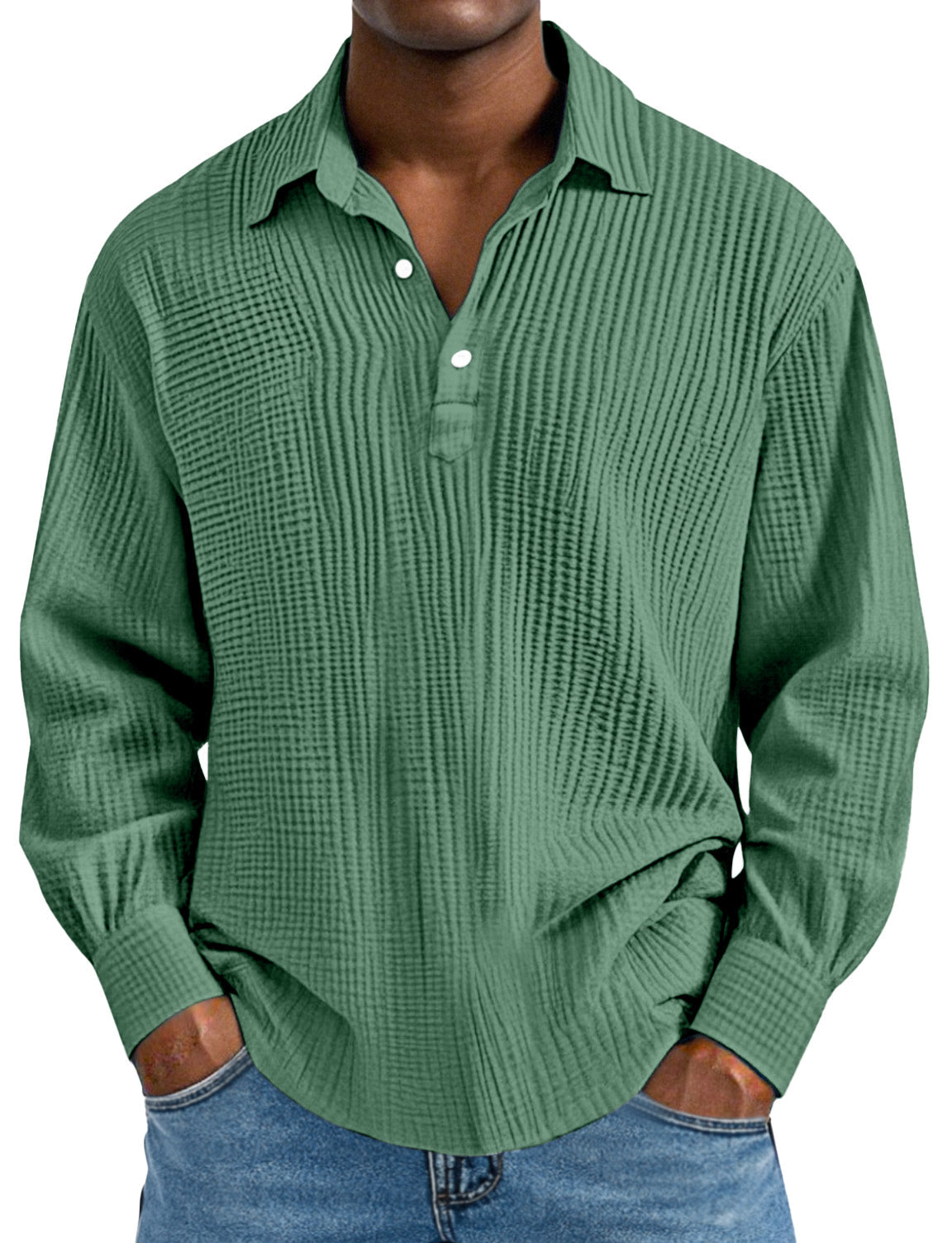 Men's Daily Simple Solid Color Pleated Long Sleeve Lapel Polo Shirt