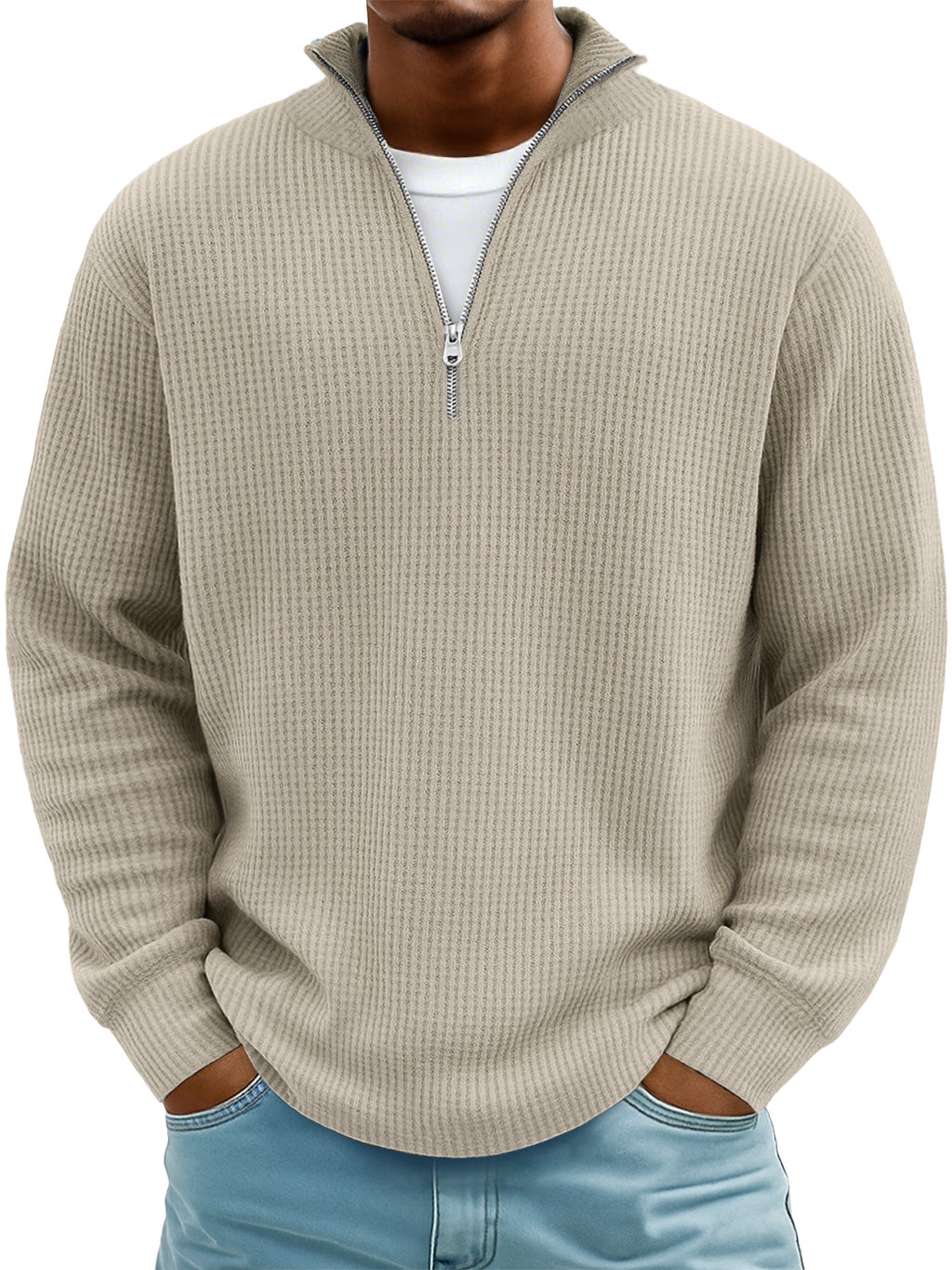 Men's Casual Simple Breathable Fabric Stand Collar Zipper Long Sleeve T-shirt