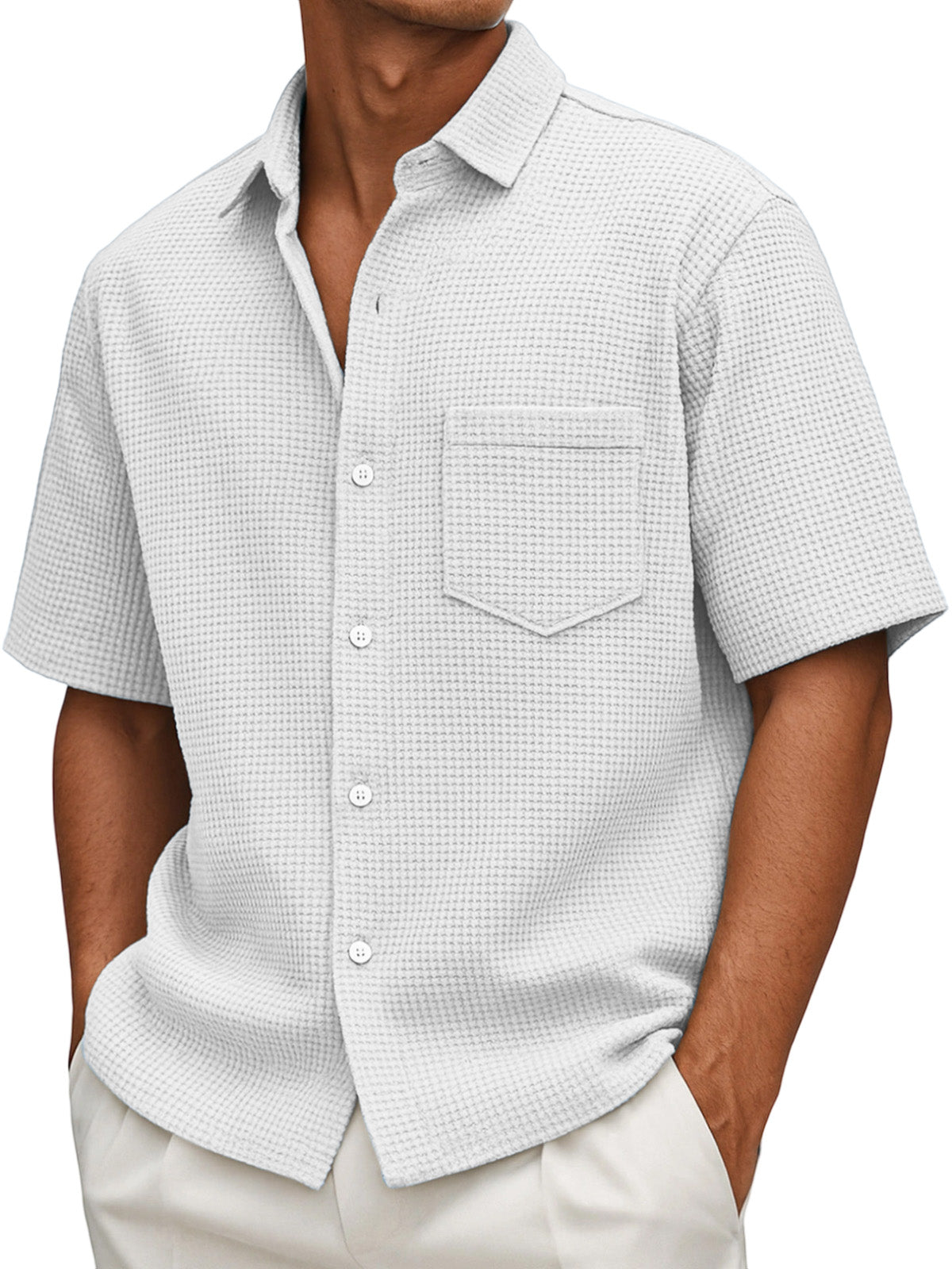 Men's Loose Casual Waffle Solid Color Button Short Sleeve Shirt