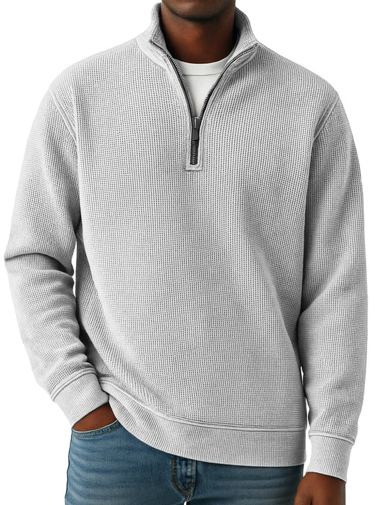 Men's Simple Solid Color Waffle Quarter-zip Long Sleeve Polo Shirt