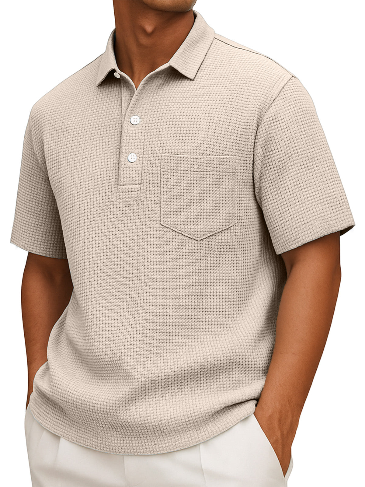 Men's Casual Solid Color Waffleck Short Sleeve Polo Shirt