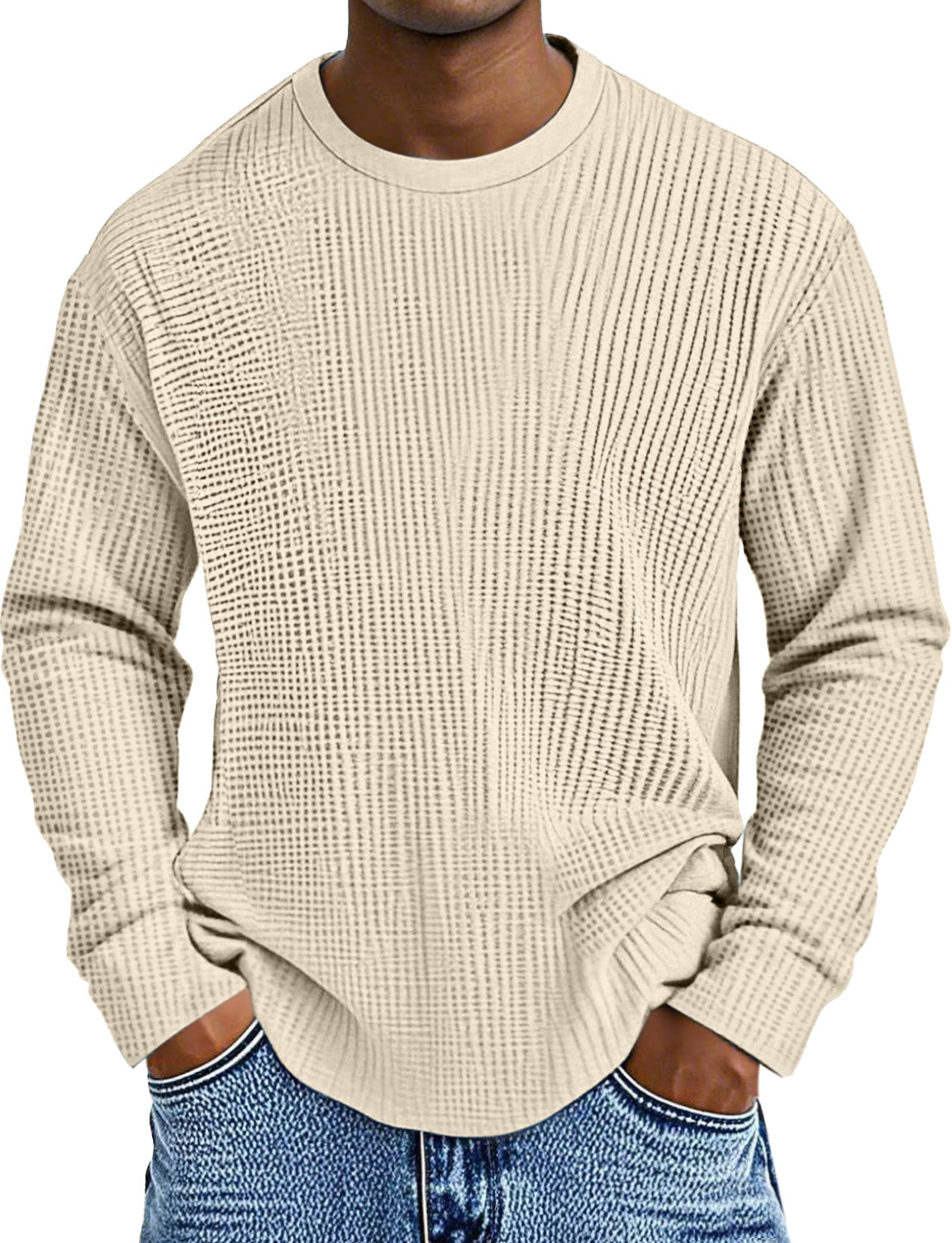Men's Simple Daily Solid Color Waffle Round Neck Long Sleeve T-shirt
