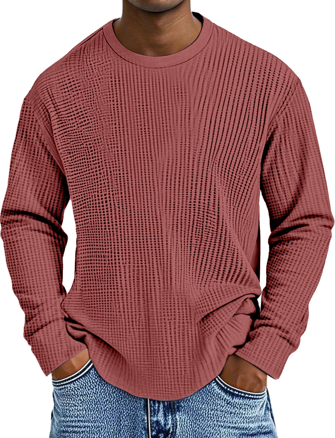 Men's Simple Daily Solid Color Waffle Round Neck Long Sleeve T-shirt