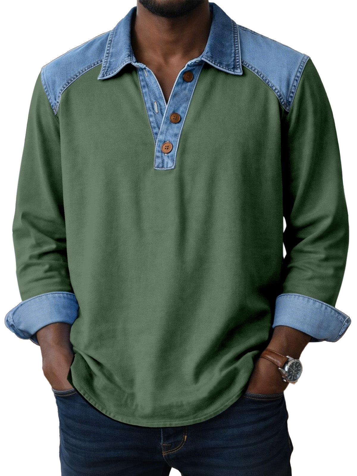 Men's Vintage Patch Button Long Sleeve Henley Shirt