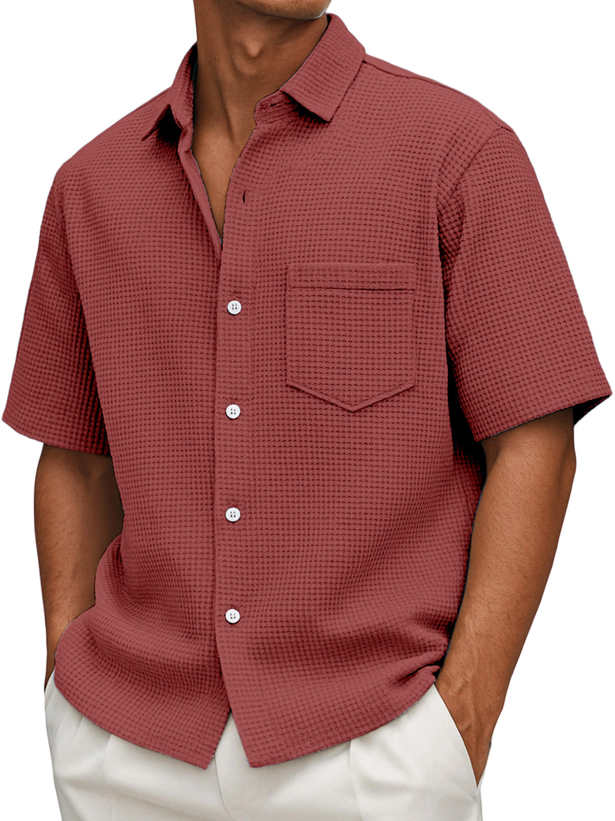 Men's Loose Casual Waffle Solid Color Button Short Sleeve Shirt