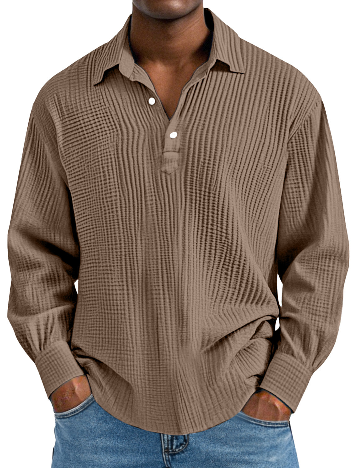 Men's Daily Simple Solid Color Pleated Long Sleeve Lapel Polo Shirt
