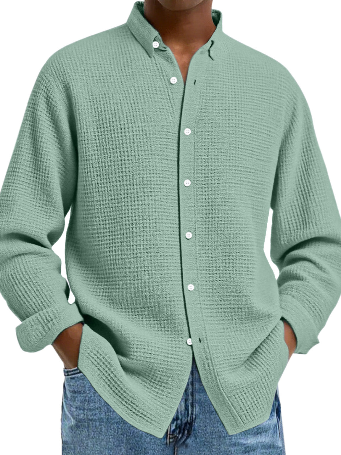 Men's Solid Color Casual Breathable Fabric Button Long Sleeve Shirt