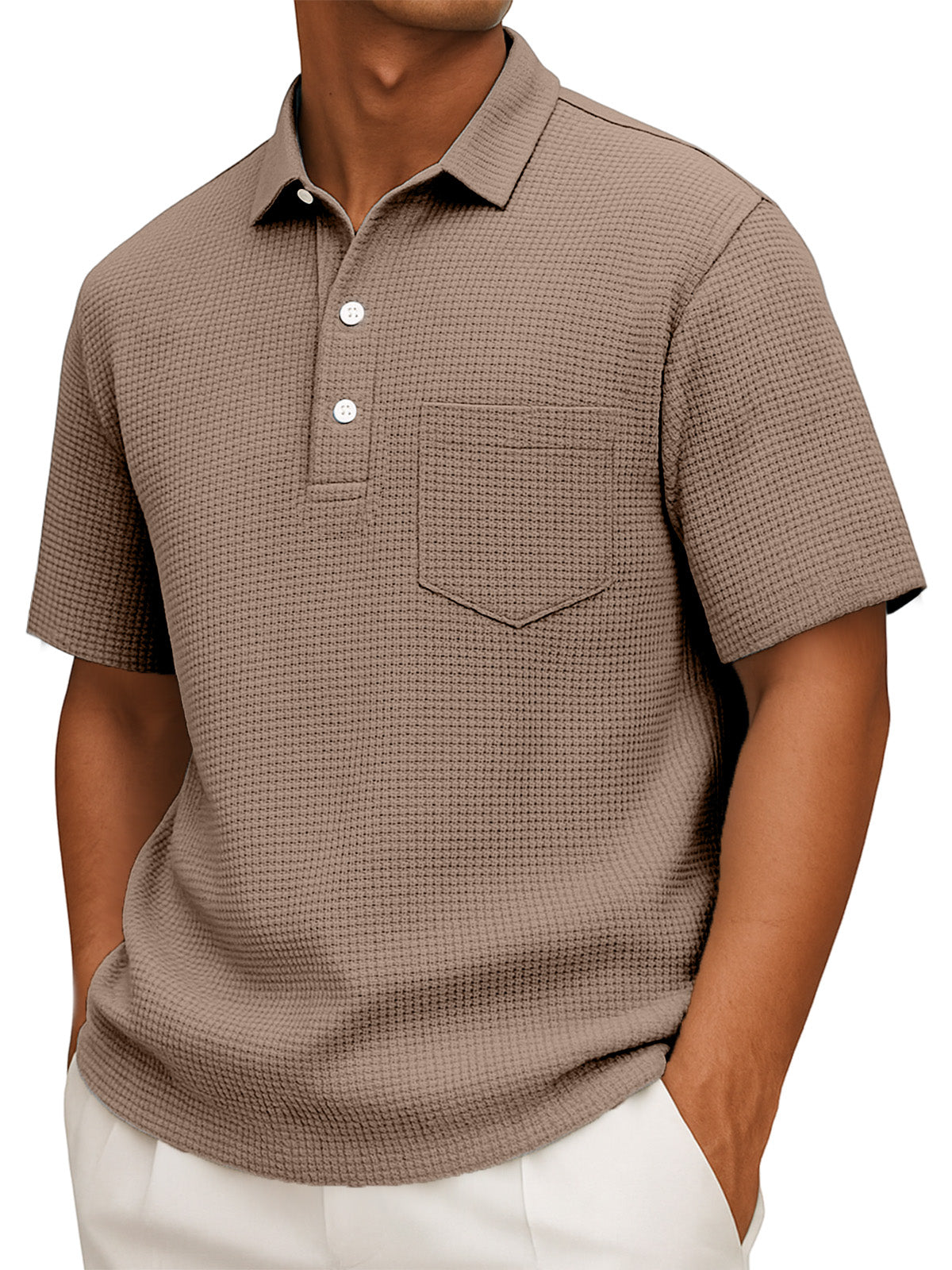 Men's Casual Solid Color Waffleck Short Sleeve Polo Shirt