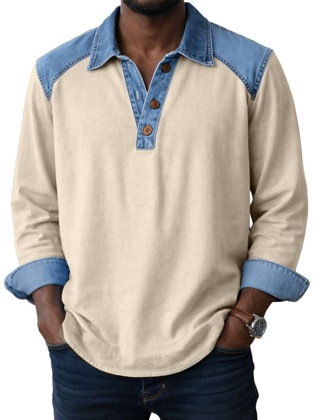 Men's Vintage Patch Button Long Sleeve Henley Shirt
