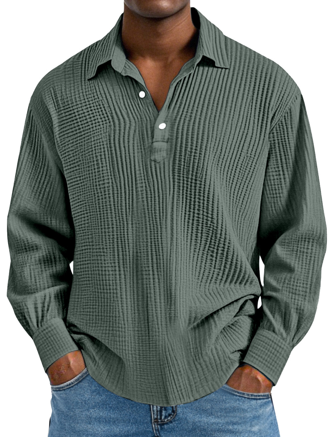 Men's Daily Simple Solid Color Pleated Long Sleeve Lapel Polo Shirt
