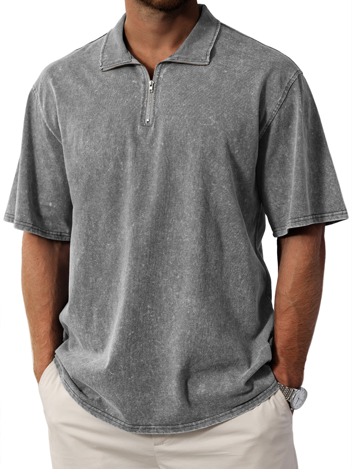 Men's Retro  Stand Collar Zipper Solid Color Short Sleeve T-Shirt