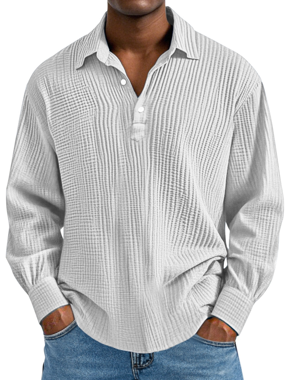 Men's Daily Simple Solid Color Pleated Long Sleeve Lapel Polo Shirt