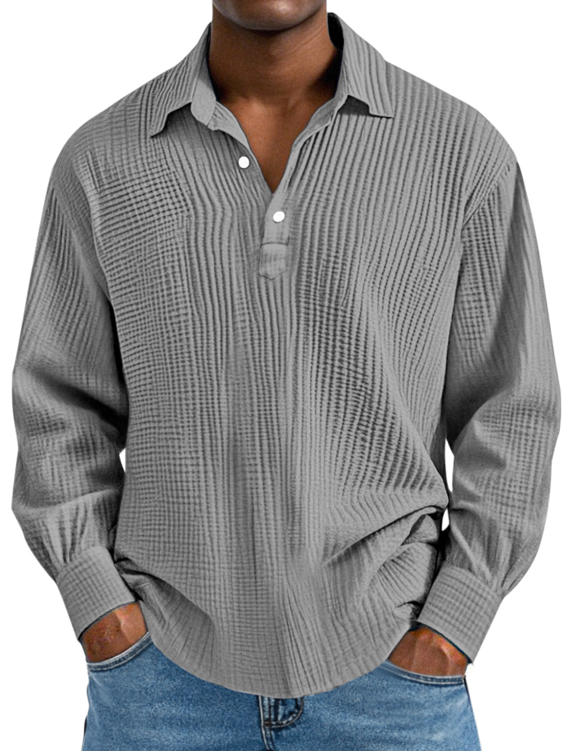 Men's Daily Simple Solid Color Pleated Long Sleeve Lapel Polo Shirt