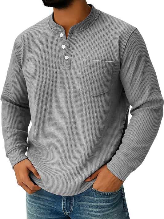 Men's Everyday Waffle Collar Button-Down Casual Long Sleeve Henley