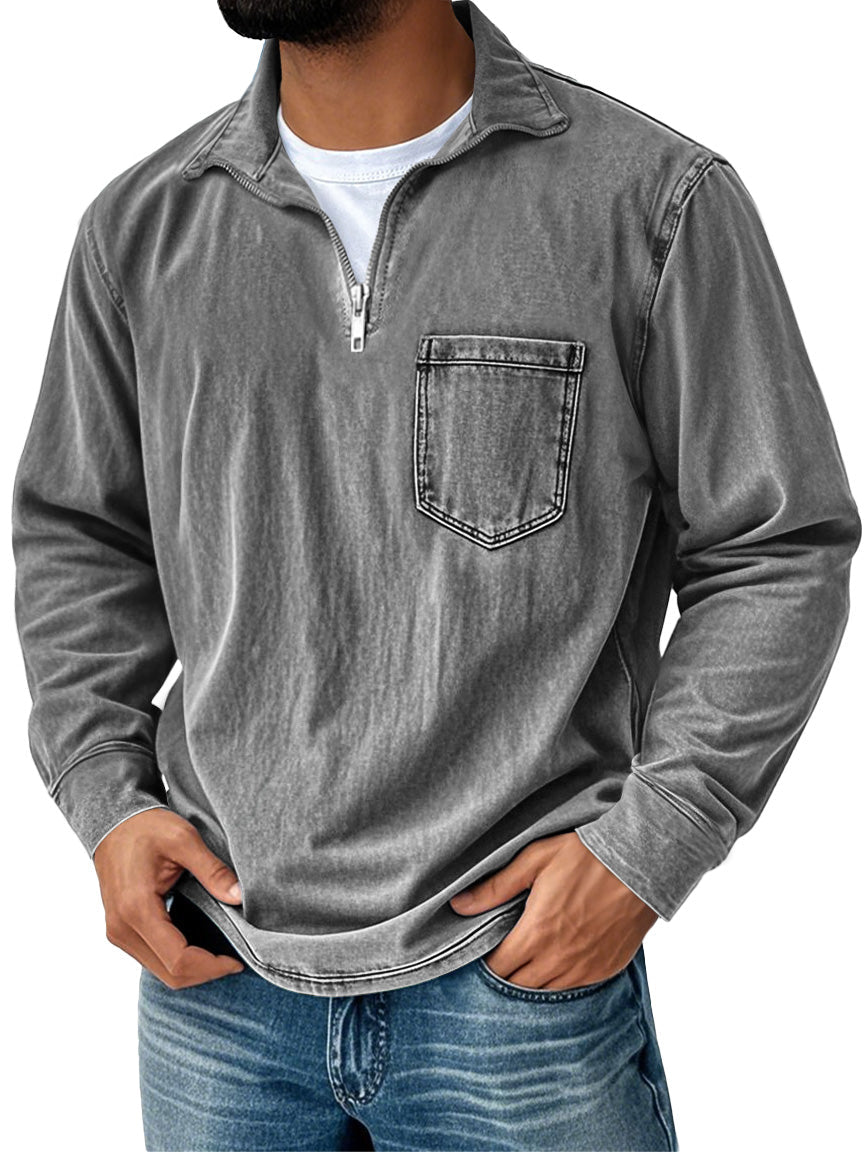 Men's Retro Casual Stand Up Collar Zipper Pocket Distressed Long Sleeved T-shirt