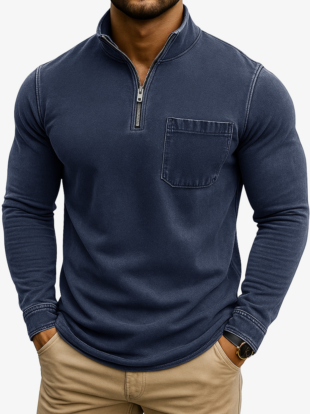 Men's Retro Casual Washed Distressed Quarter Zip Pocket Long Sleeve T-Shirt