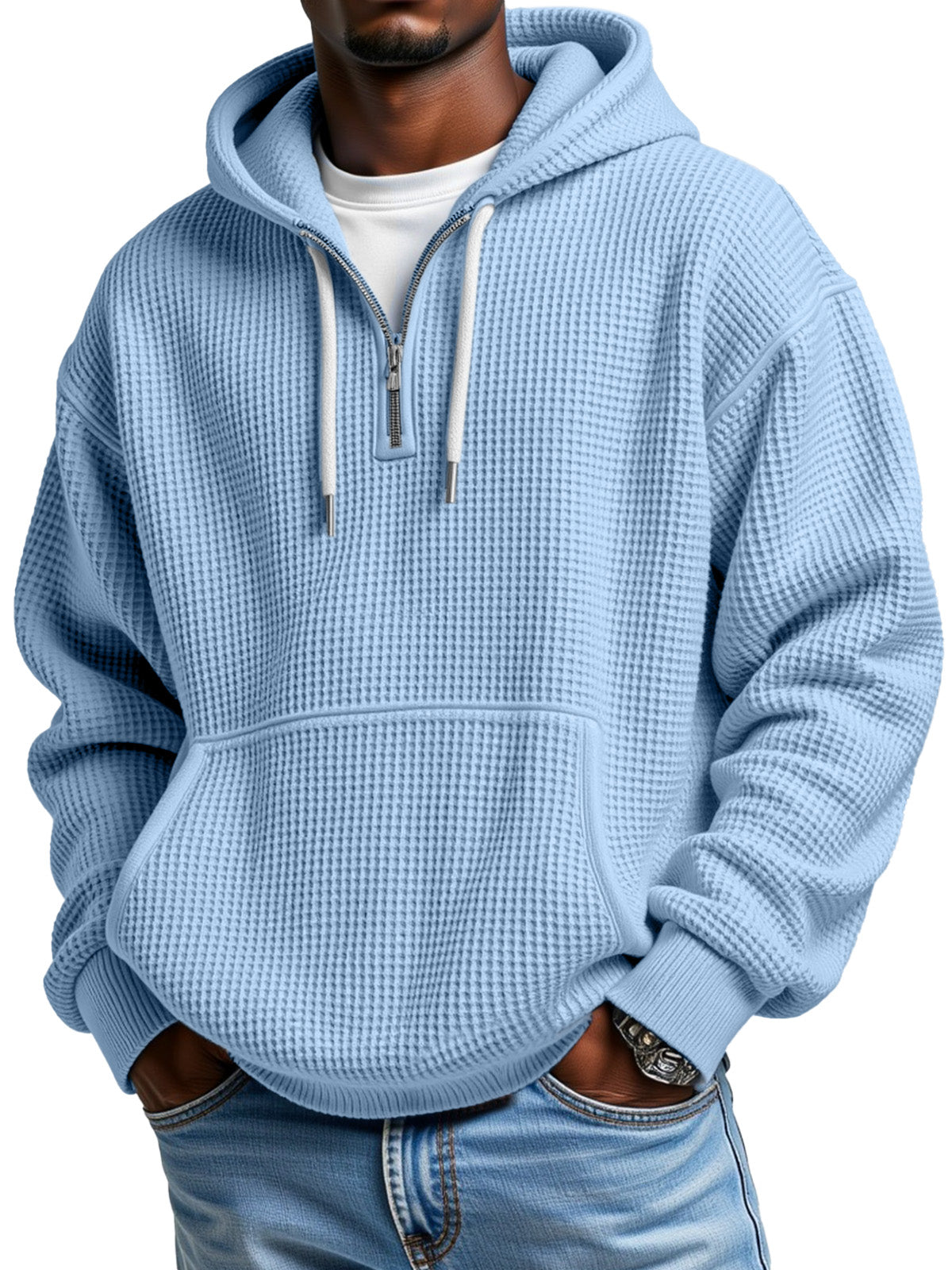 Men's Casual Solid Color Waffle Zipper Long Sleeve Hooded Sweatshirt