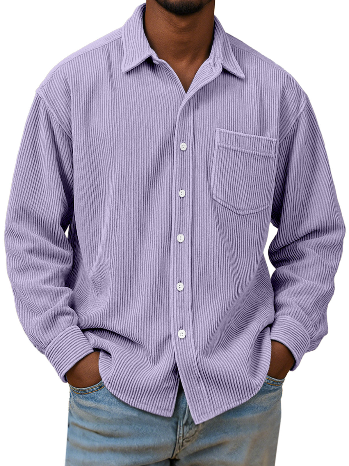 Men's Casual Simple Solid Color Corduroy Long Sleeve Shirt