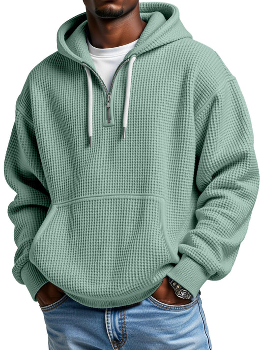 Men's Casual Solid Color Waffle Zipper Long Sleeve Hooded Sweatshirt