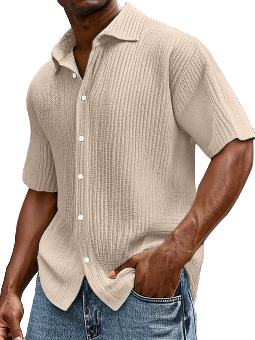 Men's Daily Casual Loose Comfortable Cotton Ruffled Texture Lapel Short Sleeve Button Shirt