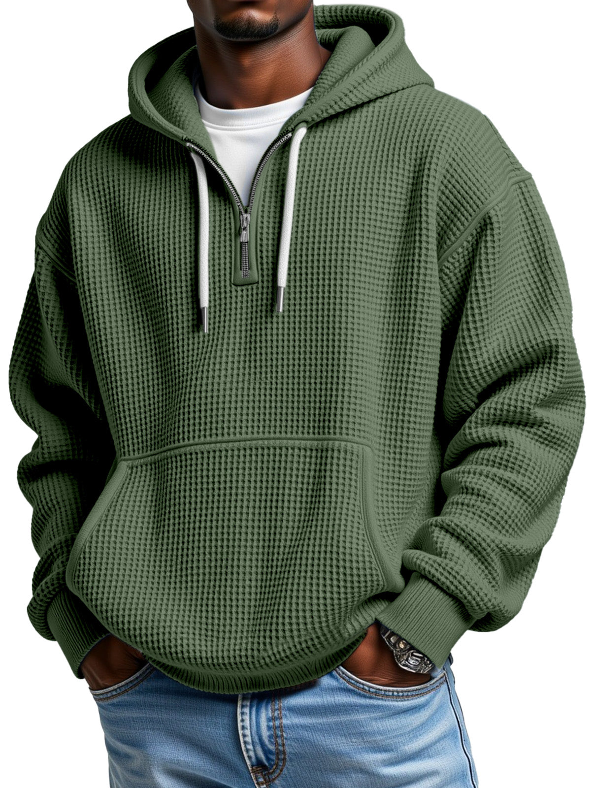 Men's Casual Solid Color Waffle Zipper Long Sleeve Hooded Sweatshirt