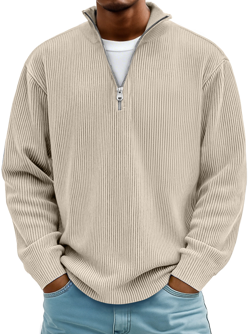 Men's Simple Casual Ribbed Stand Collar Zipper Long Sleeve T-shirt