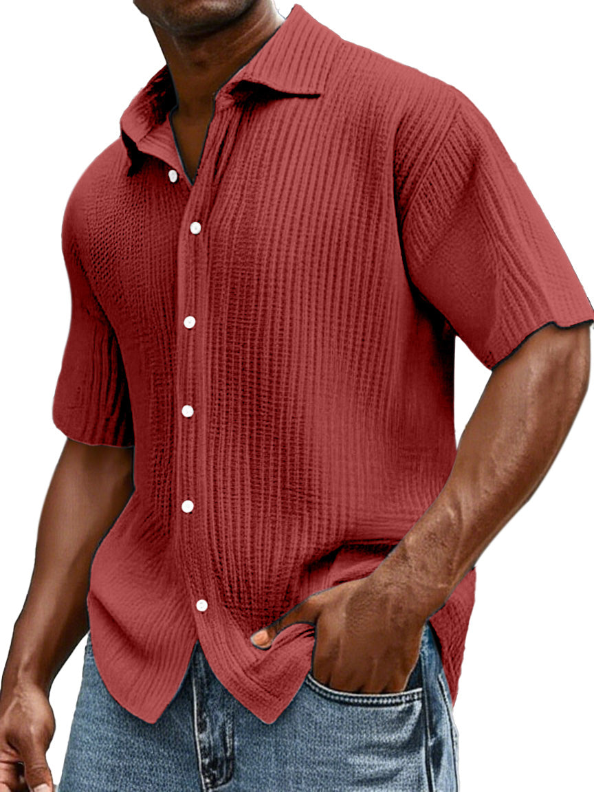 Men's Daily Casual Loose Comfortable Cotton Ruffled Texture Lapel Short Sleeve Button Shirt