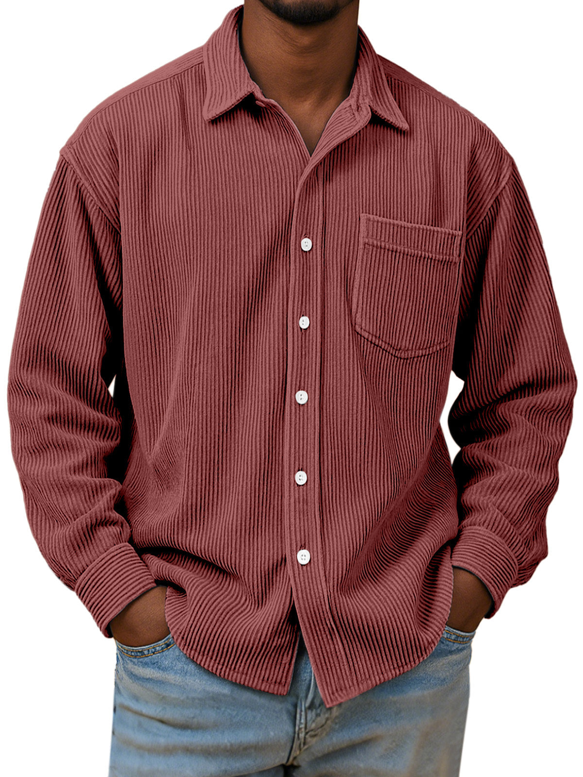 Men's Casual Simple Solid Color Corduroy Long Sleeve Shirt