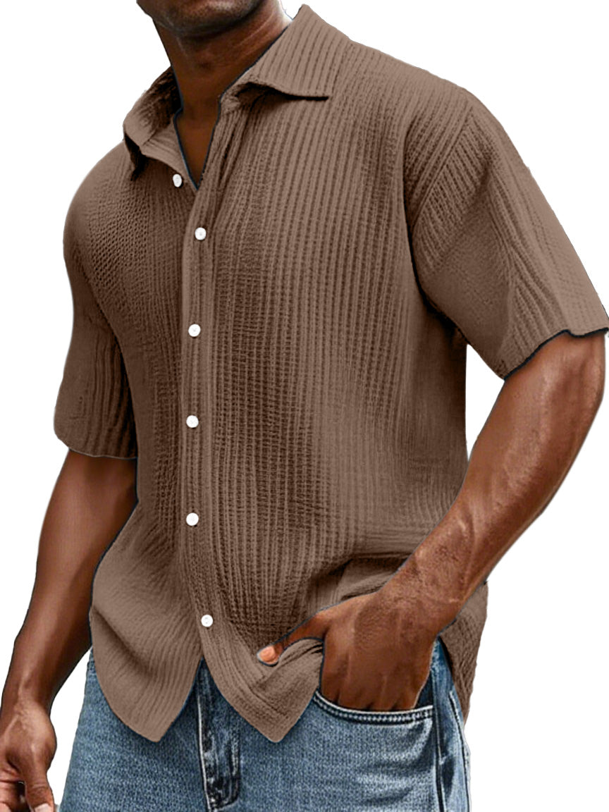 Men's Daily Casual Loose Comfortable Cotton Ruffled Texture Lapel Short Sleeve Button Shirt
