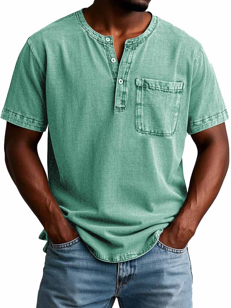Men's Fashion Casual Vintage Distressed Pocket Short Sleeve Henley Shirt