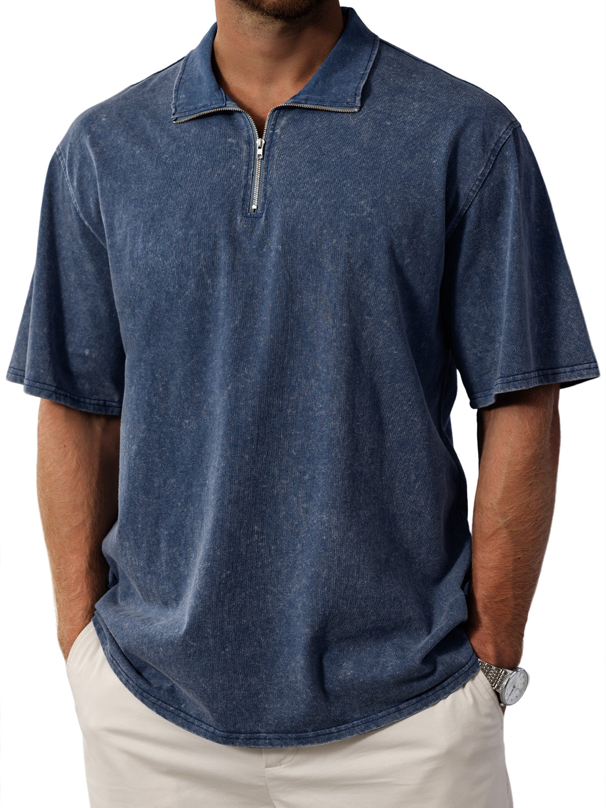 Men's Retro  Stand Collar Zipper Solid Color Short Sleeve T-Shirt