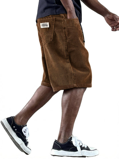 Men's Casual Retro Multi Pocket Embroidered Logo Workwear Corduroy Shorts