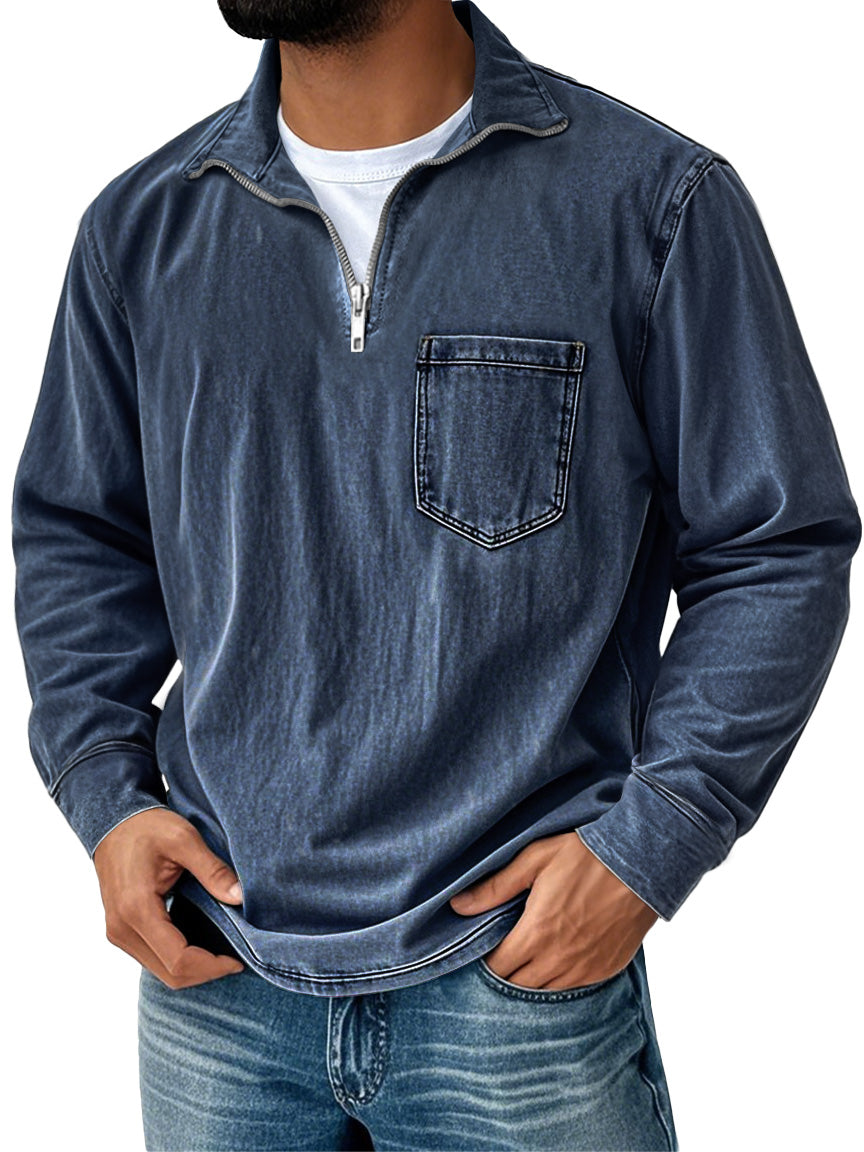 Men's Retro Casual Stand Up Collar Zipper Pocket Distressed Long Sleeved T-shirt