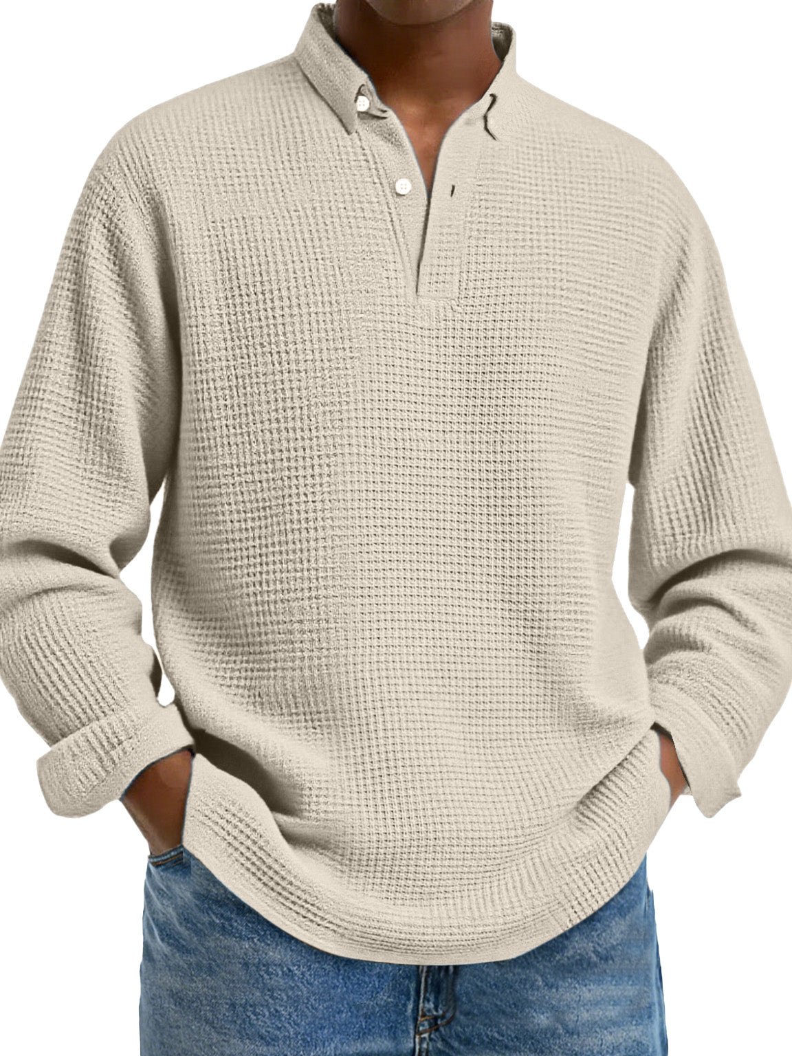 Men's Simple Solid Color Waffle Lapel Long Sleeve Polo Shirt